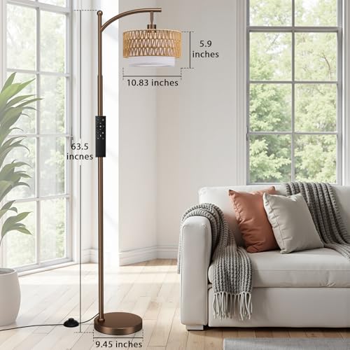 Ambimall Arc Floor Lamp for Living Room with Remote, Color Temperature & Brightness Adjustable, Boho Standing Lamp with Rattan & Fabric Double Drum Shades, Bulb Included(Brown) - color: Brown Rustic