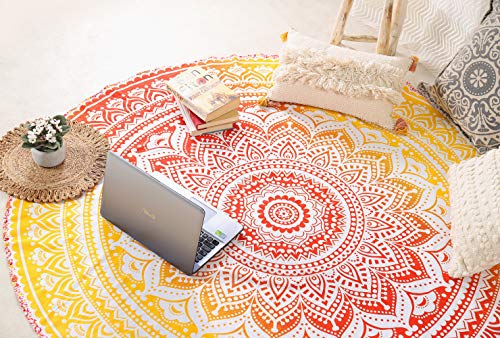 Popular Handicrafts Round Tapestry Wall Hanging Ombre Hippie Mandala Bohemian Hippy Intricate Indian Tapestries Tablecloth 68 Inches (173cm) Black Grey & Yellow - color: Black Grey and Yellow