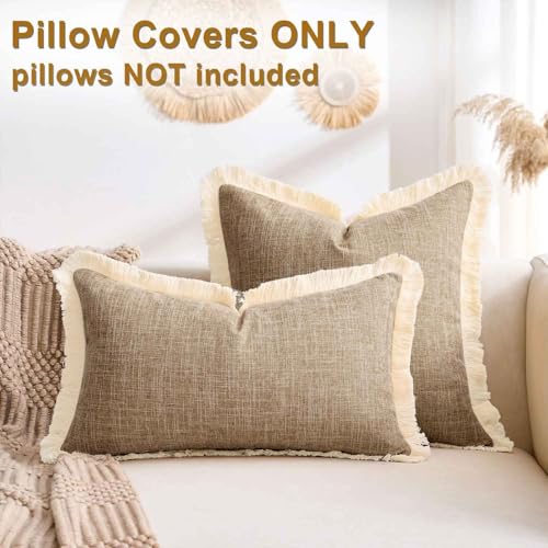 Boho Lumbar Throw Pillow Covers 12x20 Pillow Cover with Tassels Faux Linen Farmhouse Decorative Cushion Covers Khaki for Sofa Bed Living Room Home Decor Set of 2 - color: Khaki, size: 20" x 12" (Pack of 2)