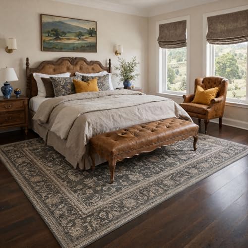 Bavni 2x3 Entryway Rug Bathroom Rugs for Front Door Bedroom Bathroom Kitchen, Washable Vintage Oriental Floral Carpet, Lightweight Rug with Non Slip Backing, Dusty Charcoal - color: Dusty Charcoal, size: 2' x 3' (Rectangular)