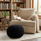 BIRDROCK HOME Round Pouf Ottoman Foot Rest - 18.5”x18.5”x15” Boho Compact Comfortable Soft Cotton Braided Foot Stool with Bean Bag Filling for Living Room, Bedroom, or Nursery (Black) - color: Black