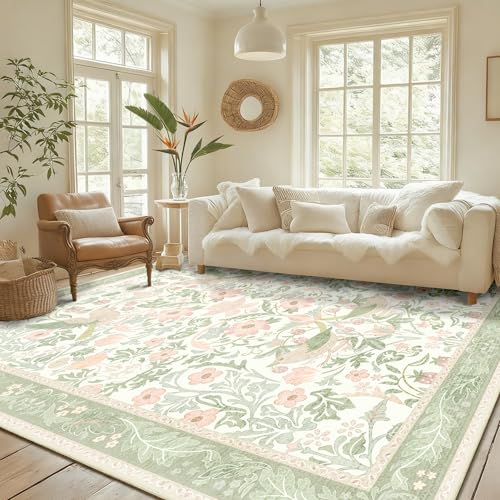 8'x10' Area Rugs Washable,Green Rug for Living Room Bedroom Dining Room,Large Boho Farmhouse Botanical Bohemian Distressed Oriental Carpet Non Slip,Sage Floral Bird - color: Green Floral Bird, size: 8'x10'