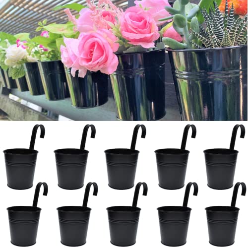 LaLaGreen Railing Planter 10 Pack, 6 Inch Hanging Flower Pot Black, Outdoor Large Metal Iron Fence Bucket, Balcony Garden Wall Deck Porch Patio Rail Decor Hanger Hook Farmhouse Balcony 6'''' (15cm) - size: 6 Inch (Black)