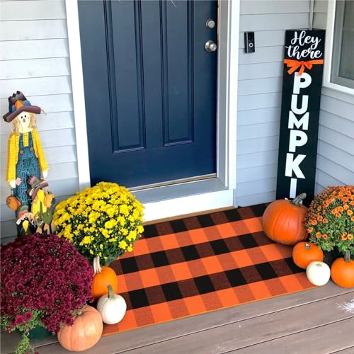 KIMODE Fall Outdoor Rug Buffalo Plaid Orange and Black 24"x51",Washable Cotton Fall Halloween Door Mat,Reversible Checkered Layering Rugs for Entryway,Halloween Front Porch Decor - color: Orange/Black, size: 2' x 4'3" (Rectangular)