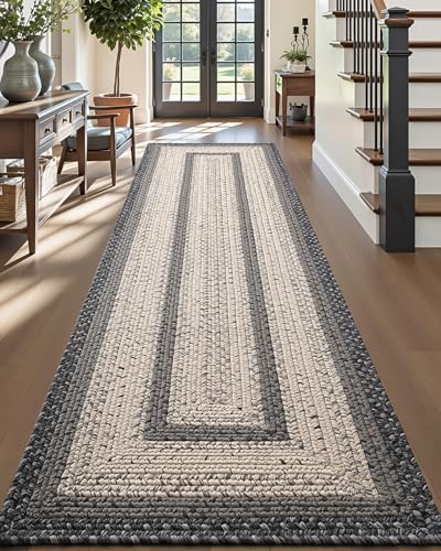DEXI Woven Hallway Runner Rug, 3x8 Rustic Braided Vintage Carpets, Non Slip Indoor Outdoor Farmhouse Floor Rugs for Entryway, Kitchen, Laundry Room, Black/Ivory - color: Black/Ivory, size: 3' X 8' (Runner)
