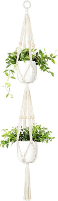 Mkono Macrame Double Plant Hanger Indoor Outdoor 2 Tier Hanging Planter Basket Cotton Rope with Beads 4 Legs 49 Inches