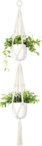 Mkono Macrame Double Plant Hanger Indoor Outdoor 2 Tier Hanging Planter Basket Cotton Rope with Beads 4 Legs 49 Inches