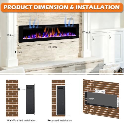 BETELNUT 68" Electric Fireplace Wall Mounted and Recessed with Remote Control, 750/1500W Ultra-Thin Wall Fireplace Heater W/Timer Adjustable Flame Color and Brightness, Log Set & Crystal Options - size: 68 Inch