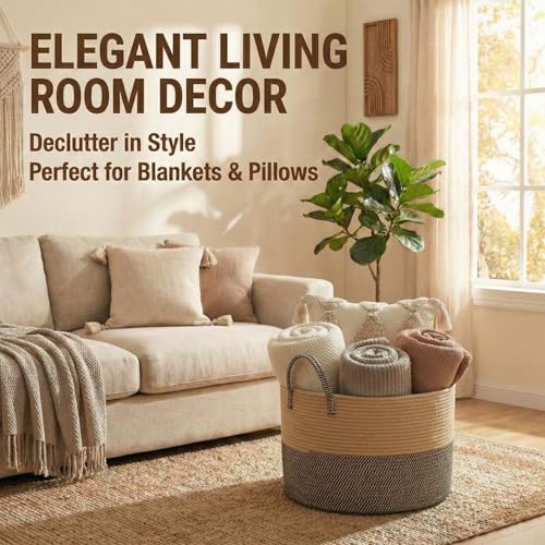 JMvicyroam 115L Extra Large Blanket Basket for Living Room - Woven Cotton Rope Laundry Hamper with Reinforced Handles - Storage Bin for Pillows, Comforters & Toys - Machine Washable,Jute&Black - color: Jute&Black, size: 115L