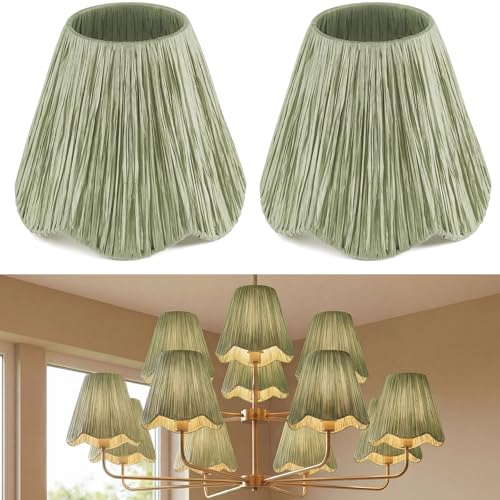 Glooglitter 2 Pcs Small Clip-on Chandelier Rattan Lamps Set Shade Scalloped Lampshade 3"top x 6"bottom x 5-1/4"slant Height Empire Lamp Shade Chandelier or Accent Lamp (Raffia,Light Green) - color: Light Green, size: Raffia