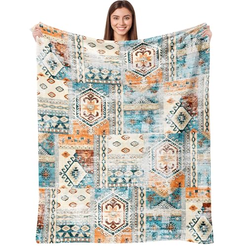 Aipon Boho Aztec Throw Blanket 50"x 60", Western Indian Native American Blanket Southwestern Decor, Orange Teal Soft Cozy Lightweight Throws Blankets Gifts for Women Men Couch Bed Sofa Chair - color: Orange Teal, size: 50.00'' × 60.00''