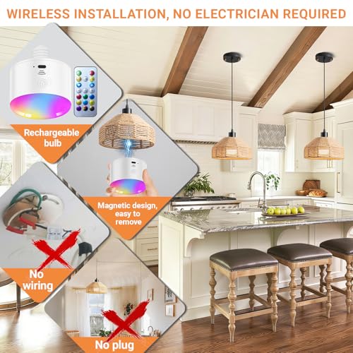 Battery Operated Pendant Light with Remote,Battery Hanging Light Rattan Woven Chandelier No Wiring Needed,Rechargeable Light Bulb 50+Hours Continue Use,Perfect for Kitchen Islands Ceiling Lighting - color: Brown-A