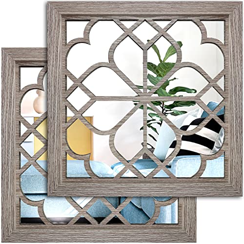 Wocred Set of 2 Farmhouse Square True Mirrors,Vintage Style Barn Wood Wall Decor, Accent Mirrors for Bathroom Renovation,Bedrooms,Living Rooms (12”x12”) - color: Barn Wood Square, size: 12x12 inch - 2 PCS