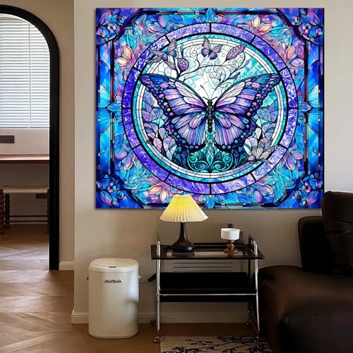 Stained Glass Butterfly Tapestry Wall Hanging Botanical Floral Plant Wall Art Moth Wall Tapestry Aesthetic Vintage Butterfly Flowers Decor for Home Decor Bedroom Living Room Dorm Decor 59x51in - color: S03-Butterfly