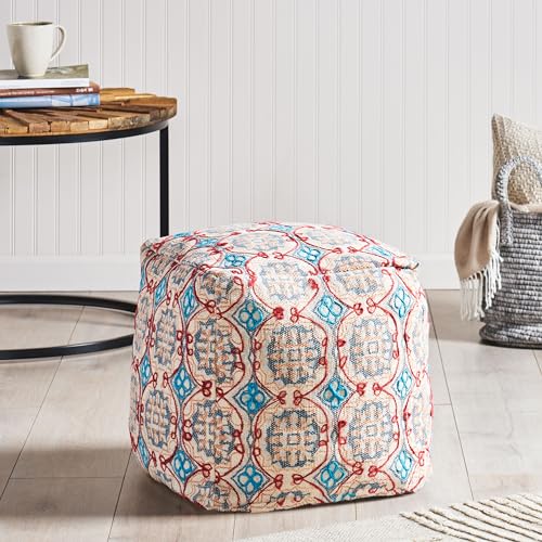 GDFStudio Boho Handmade Fabric Cube Pouf Ottoman Foot Stool - Bean Bag Floor Chair - Foot Rest Couch for Living Room Bedroom,Multicolored,16"" x 16"" x 16"", 313834N - color: Multi Color, size: 16"