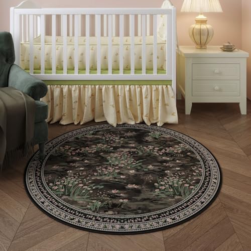 Rugcomf Circle Rug Impressionist-Style Vintage Round Rug 4ft Non Slip Low Pile Small Circular Rug for Bedroom Bathroom Entryway Kids Room Office College Dorm, Black - color: Black, size: 4' (Round)