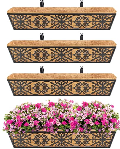 4 Pack 30 Inch Window Boxes Planters Railing Planter Box with Adjustable Brackets & Coco Liners Fabric Plant Grow Bags Deck Railing Planter Boxes Balcony Hanging Flower Box for Outdoor Plants - color: 4 Pack-black, size: 30 Inch