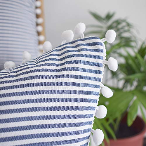 HOPLEE Decorative Pillow Covers 18x18 Farmhouse Stripe Pillows Covers Navy Blue Pillow Covers with Pom Pom for Home Decor 18x18 Inches Set of 2 - color: Navy Stripe Pom, size: 18" x 18" (Pack of 2)