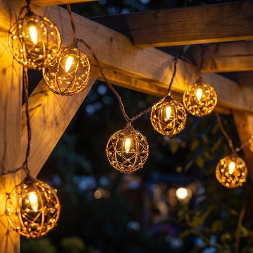 Oviejo 8.5FT LED Patio String Lights, Waterproof Outdoor Lantern String Lights with 12 Bulbs, Beaded Copper Wire Ball Style, Connectable Yard Garden Bistro Party Lights, Warm White - color: Brown Beaded Copper Wire Ball