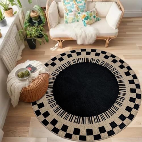 Easy Jute Checkered Rug, 5Ft Round Modern Indoor Outdoor Farmhouse Carpet, Washable Non-Slip Thin Neutral Floor Mat for Living Room Patio Kids Pets Room Playroom Home Office Kitchen, Black - color: Black Checker, size: 5'