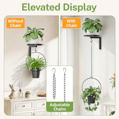 iDavosic.ly Wall Plant Holder Set of 2 for Outdoor with 2 Hanging Planters, Metal Hanger with 2 Hooks, Floating Flower Display Stand for Window, Space Saving & Easy to Assemble - color: Black with 2 Pots, size: 2 Pack