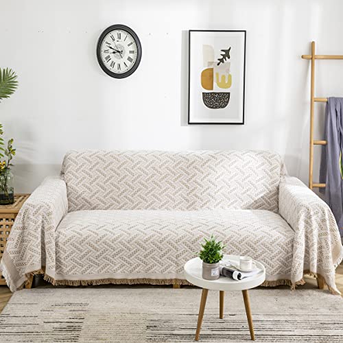 AIVIA Loveseat Cover Sheet Blanket, Cotton Woven Reversible Anti Slip Cushion Covers for 2 Seater Couches with Armrest, Living Room Love-Seat Furniture Decor Slipcovers Protector for Dogs Cats - color: Khaki White, size: 71” x 102”