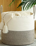 KAKAMAY Large Blanket Basket (18"x18"x16"),Woven Baby Laundry Hamper for Storage, Cotton Rope Blankets Baskets for Nursery, Laundry, Living Room, Pillows, Baby Toy chest with Handles (White/Beige) - color: Beige