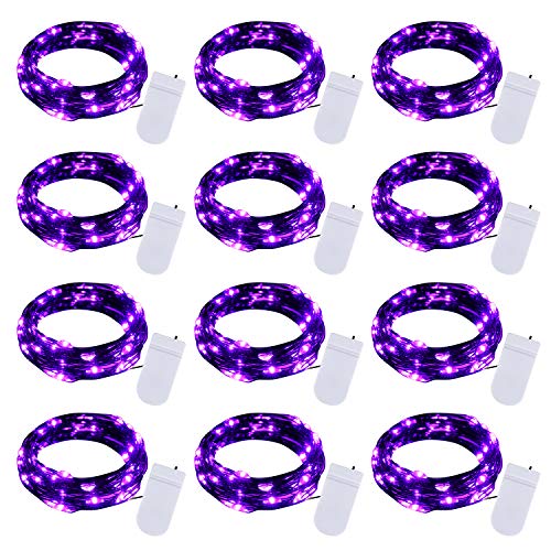 Halloween Purple Fairy String Lights: 12 Pack 7 Ft 20 LED Battery Operated Firefly Lights on Black Wire Starry Moon Lights for DIY Party Bedroom Patio - color: Purple, size: 12 Pack