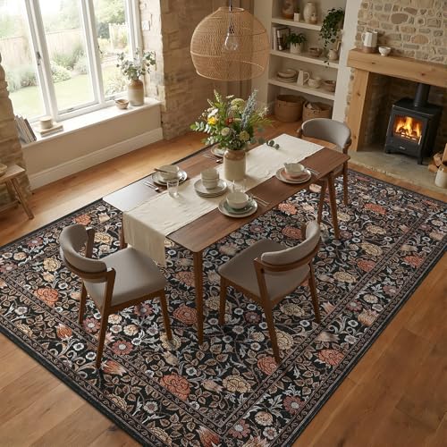 GarveeHome Brown Vintage Floral Washable 6x9 Area Rugs for Living Room Black Boho Botanical Retro Rug Low Pile Non Slip Carpet for Bedroom Nursery Dining Room - color: A Brown / Black, size: 6' x 9' (Rectangular)