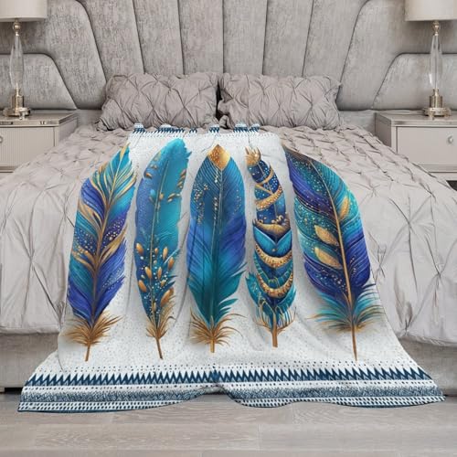 Blanket Boho Feather Gold Ornament Throw Blanket for Women Men, 30"x40" Blue Geometric Pattern Border Plush Flannel Throws, Decor for Bed Couch Bedroom - color: Boho Feather Gold Ornament, size: 30"x40"