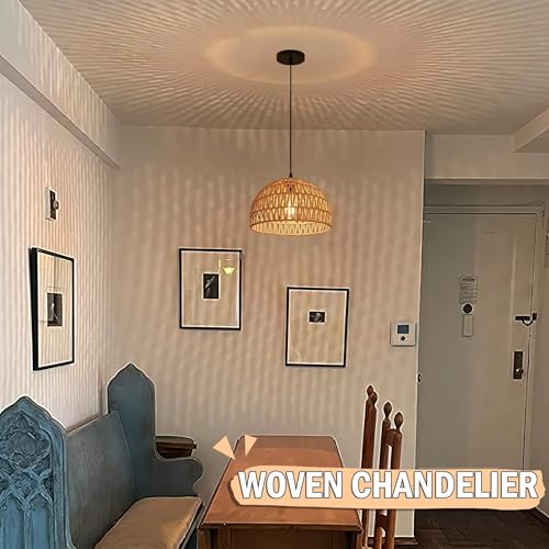 Hemp Rope Woven Pendant Light Woven Light Fixture Boho Chandelier Light Fixture Wicker Pendant Lights Rattan Lights Pendant Dome Wicker Chandelier for Dining Room Kitchen Island(Bulb Incl. - color: 12.2" Natural