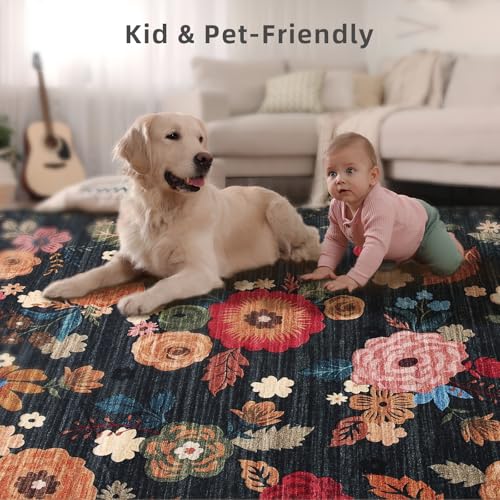 Machine Washable Runner Rug for Kitchen: 2'x6' Hallway Runner Rug Non Slip Low Pile Soft Faux Wool Carpet Runners Floral Floor Rug for Bedroom Entryway Bedroom Bathroom Laundry Room Home Office Indoor - color: Black Floral, size: 2' x 6' (Rectangular)