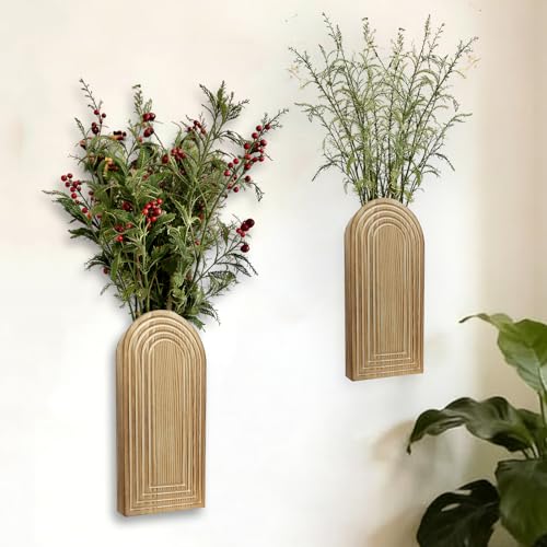 Arched Wooden Wall-Mounted Vases, Rustic Farmhouse Wood Wall Decor for Dried Flowers, Modern Boho Hanging Wall Planter, 2 Pack