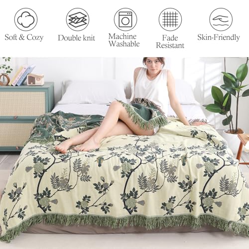 Snycler Boho Throw Blanket for Bed - 100% Cotton Ultra Soft Rustic Quilt Green Hummingbird Printed Farmhouse Decor Bed Blankets,60"×80" All Season Rustic Throw for Sofa Couch Chair - color: Green Hummingbird, size: 60"x80"