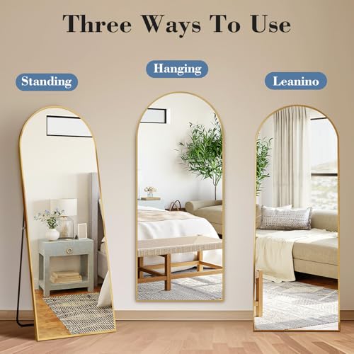 DUMOS 56"x15" Arched Full Length Floor Mirror, Full Body Mirror with Stand, Shatterproof Tempered Glass, Modern Aluminum Alloy Frame, Free Standing or Leaning for Home Decor, Gold - color: Gold-arched, size: 56"L x 15"W