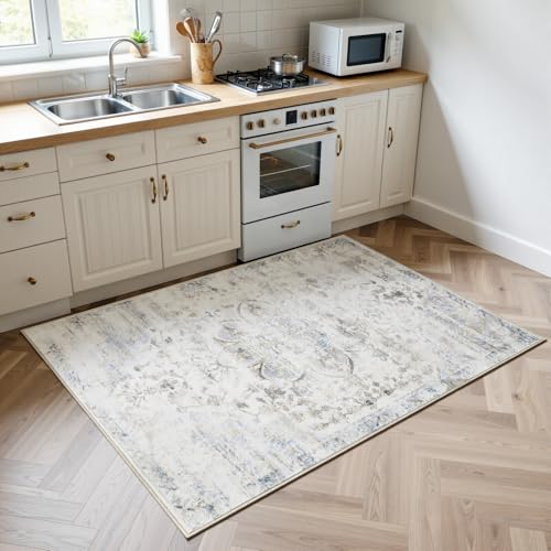 2'x3' Rugs for Living Room Bedroom, Washable Area Rugs, Pet & Kid Friendly Low Pile Carpet, Non-Shedding Non-Slip TPE Backing, Vintage Distressed Print Floor Mat for Bedroom Dining Room, Blue - color: Blue, size: 2x3