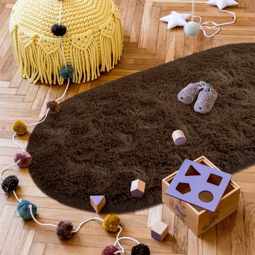 Goideal Fluffy Bedroom Rug, Small Oval Area Rugs, Brown Shag Bedside Carpet for Kids Room Nursery Dorm Cute Fuzzy Indoor Decor for Boy and Girl, 2.6 x 5.3 Feet - color: Brown