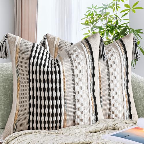 AmHoo Set of 2 Chenille Striped Textured Boho Throw Pillow Covers Aesthetic with Tassels Woven Decorative Pillow Case for Couch Bed Sofa Bedroom Modern Funky 18 x 18-Inch Black - color: Black, size: 18" x 18" (Pack of 2)