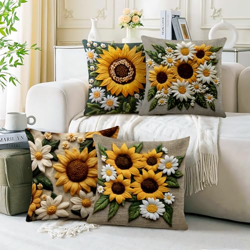 BVBOX Set of 4 Linen Throw Pillow Covers 18"x18", Soft Flax Sunflowers Decorative Pillow Cases, Double-Sided Modern Pillow Covers for Bed, Sofa, Couch, Living Room, Bedroom - color: Sunflower