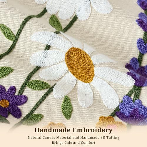 Floral Embroidered Decorative Throw Pillow Covers 18x 18 Inch Set of 1, Boho Spring Farmhouse White Daisy Flowers Patterned Canvas Cushion case for Couch Sofa Bed Living Room Home Decor - color: Falling Petals