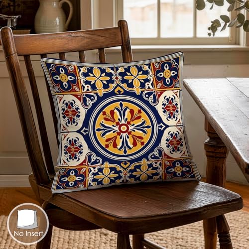 OBSEDE Throw Pillow Covers Set of 4, 18x18 Inch Blue and Yellow Mediterranean Tile Print, Bohemian Floral Decorative Pillow Cases for Sofa Couch Bedroom, Farmhouse Outdoor Home Decor - color: Sicilian Summer, size: 18" x 18" (Pack of 4)