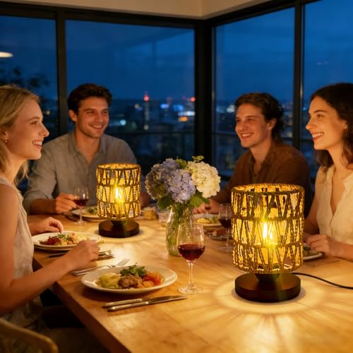 Small Rattan Lamp for Bedroom,Boho Table Lamp for Living Room,Dimmable Woven Bedside Lamp for Nightstands, Handmade Farmhouse Wicker Bamboo Table Lamp for Room Office Decor (LED Bulb Included) - style: B