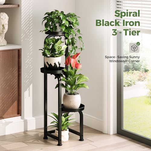 Bamworld Tall Plant Stand Indoor Outdoor, Corner Metal Flower Pot Stands for Multiple Plants, 3 Tier Heavy Duty Plant Shelf for Patio Garden Balcony Living Room Bedroom - color: Matte Black, style: Spiral 3Tier