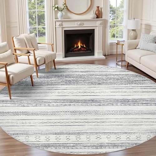 Tortania 5' Round Area Rug Living Room Rugs - Washable Large Soft Neutral Boho Moroccan Bohemian Farmhouse Rug Indoor Floor Carpet for Bedroom Under Dining Table Home Office Decor - Grey - color: Grey, size: 5' (Round)
