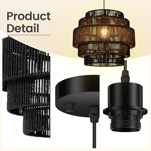 BoostArea Boho Rattan Chandelier Light,5-Tier Hand Woven Lampshade Ceiling Pendant Light Fixture,13” Farmhouse Chandelier Hanging Light for Living Room,Kitchen Island,Bedroom,Adjustable Cord,Black - color: Black
