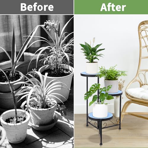3 Tier Mosaic Ceramic Top Plant Stand, Foldable Wrought Iron Flower Pot Holder, No Assembly Required Space Saving Plant Shelf for Indoor Outdoor Patio Garden Balcony Decor