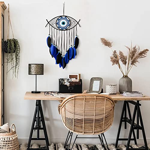 Dremisland Evil Eye Dream Catcher-Blue Black Dream Catchers Handmade Feather Evil Eye Wall Hanging Ornament Home Decor for Bedroom Livingroom Yard, Blessing Craft Gift Bring Good Luck (Blue-Black) - color: Blue-black