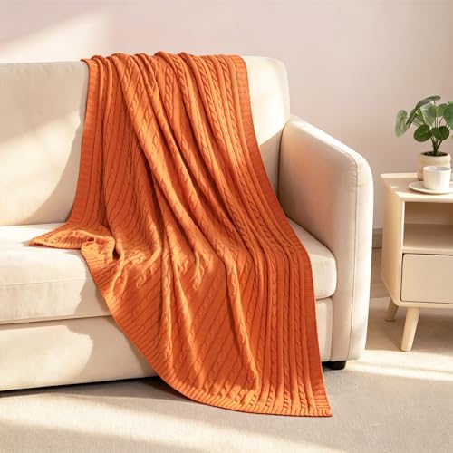 NTBAY 100% Pure Cotton Cable Knit Throw Blanket, Super Soft Warm 51x67 Knitted Throw Blanket for Couch, Sofa, Chair, Bed - Extra Cozy, Machine Washable, Comfortable Home Decor, Orange - color: Orange, size: Throw(51"x67")