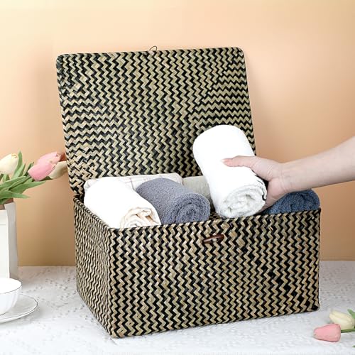 Hipiwe Wicker Shelf Baskets Bin with Lid, Handwoven Seagrass Basket Storage Bins Rectangular Household Basket Boxes for Shelf Wardrobe Home Organizer, Black,X-Large - color: Black, size: X-Large