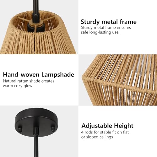 LynPon 12“ Boho Rattan Pendant Light with Rod Hanging, Black Boho Light Fixture with Hanging Lamp Shade, Farmhouse Coastal Wicker Pendant Light for Kitchen Dining Room Bedroom Hallway Foyer Bathroom - color: 12" Black and Natural